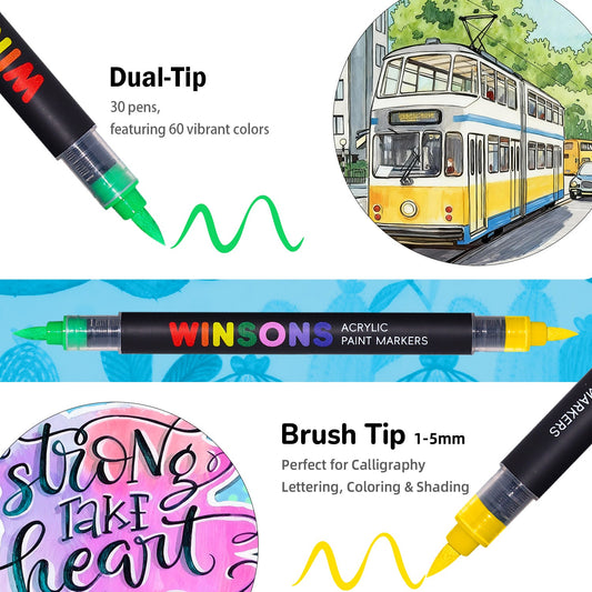 Acrylic Paint Markers Auto Ink Control & Dual-Tip, Two Colors 60 Colours