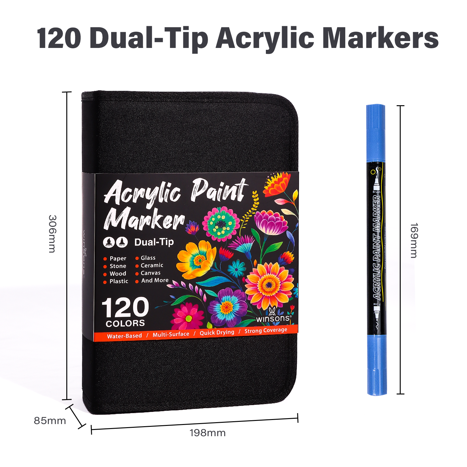 UrbanInkLab 60/120 Colors Dual-Tip Single Color Acrylic Paint Markers with Fabric Zip Case