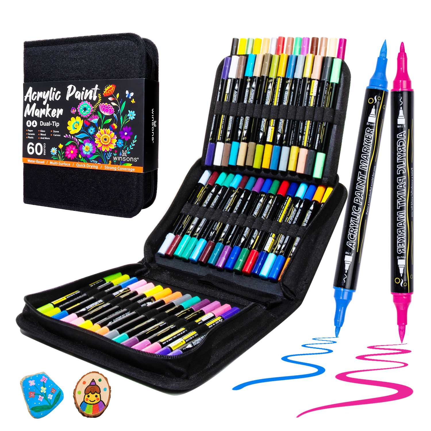 UrbanInkLab 60/120 Colors Dual-Tip Single Color Acrylic Paint Markers with Fabric Zip Case