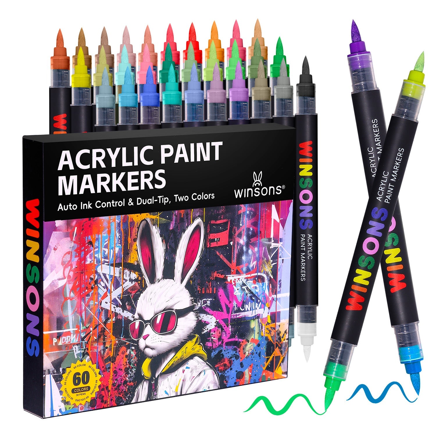 Acrylic Paint Markers Auto Ink Control & Dual-Tip, Two Colors 60 Colours
