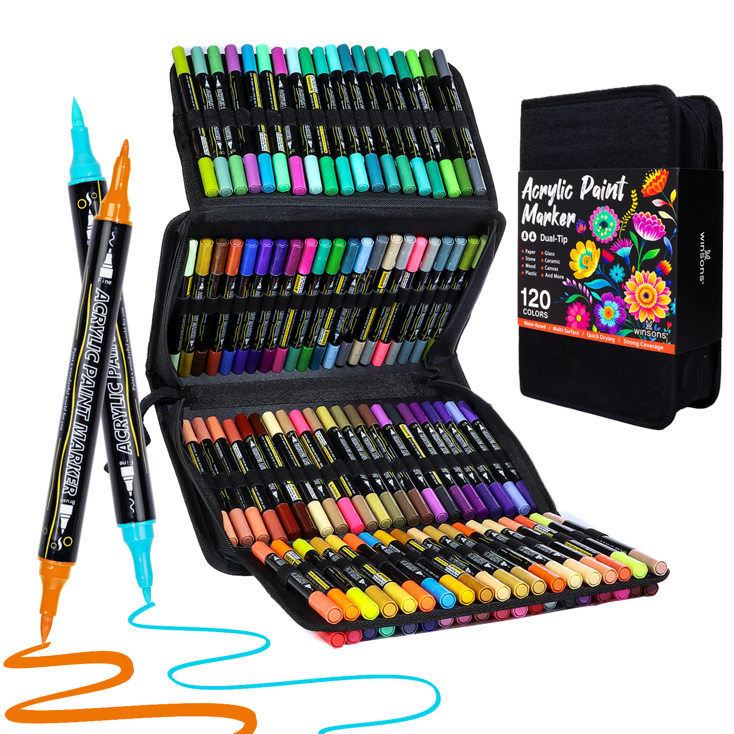 UrbanInkLab 60/120 Colors Dual-Tip Single Color Acrylic Paint Markers with Fabric Zip Case